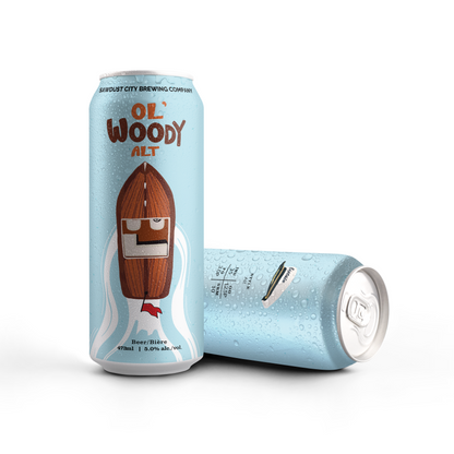 A can of Ol' Woody Alt Amber Lagered Ale with a graphic of a wooden boat on it, placed on a surface with a droplet of water on it.
