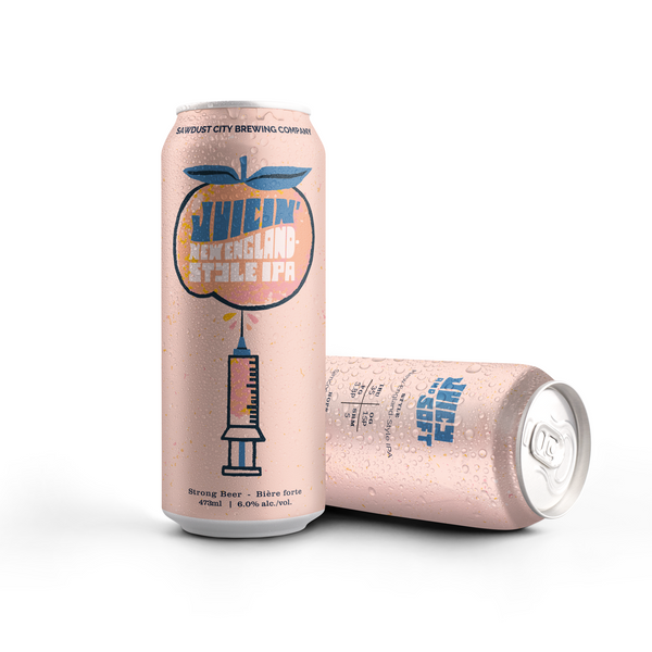 Can mockup for Juicin' New England Style IPA. Can shows a needle drawing out the juice from a peach. 