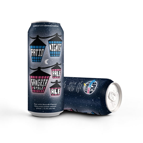 Can mockup image of Patio Night Sangria Style Pale Ale. Design shows a can with patio lanterns against the night sky.